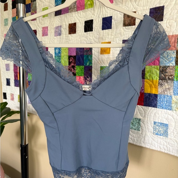 Free People Light Blue Lace Trim Top - Picture 3 of 5